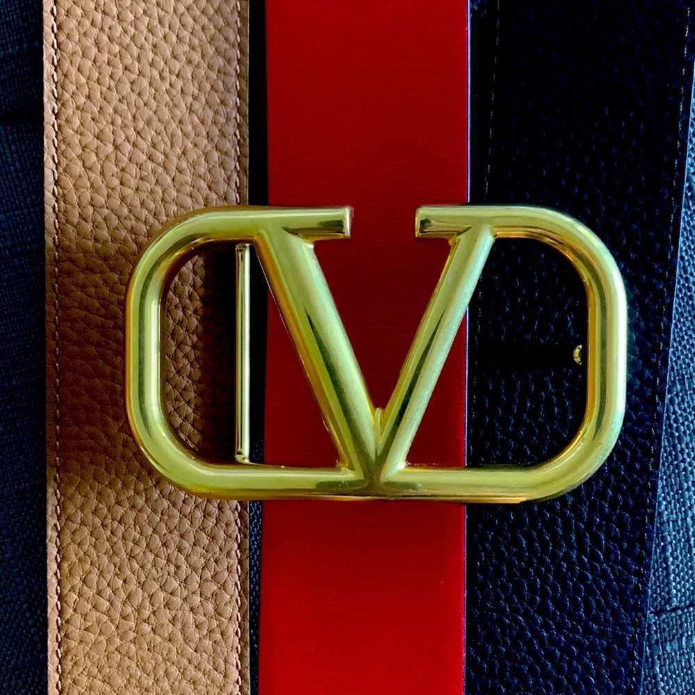 Valentino Garavani V-logo belt red brown black leather strap 1 1/2 wide